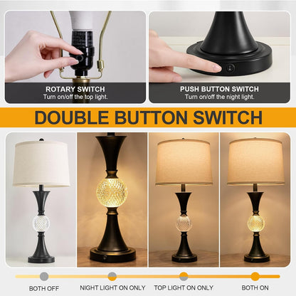 28.5" Black Table Lamps Set of 2, Tall Luxury Bedside Lamps with Night Light, USB A+C Charging Ports, Elegant Metal Nightstand Lamps for Bedroom Office End Table Decoration