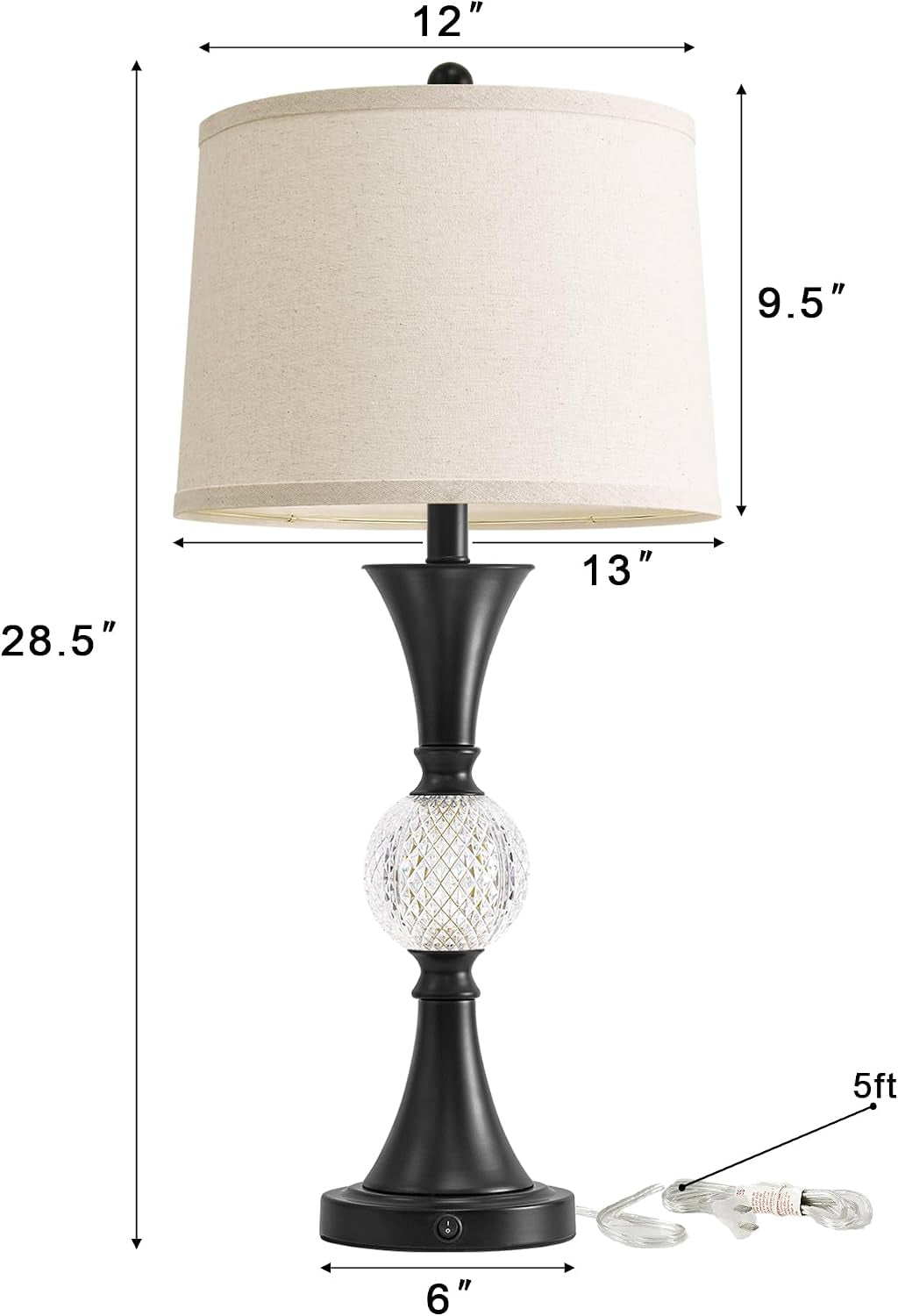 28.5" Black Table Lamps Set of 2, Tall Luxury Bedside Lamps with Night Light, USB A+C Charging Ports, Elegant Metal Nightstand Lamps for Bedroom Office End Table Decoration