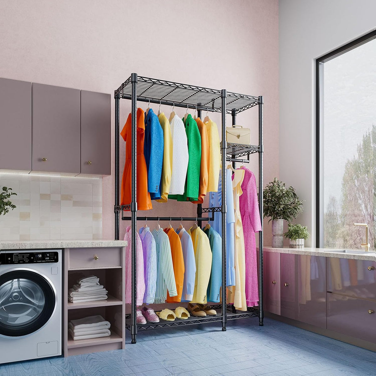 Heavy Duty Garment Rack Wire Clothes Rack for Hanging Clothes (Black, 3 Composition, 15.7" D X 43.3" W X 76.5" H)