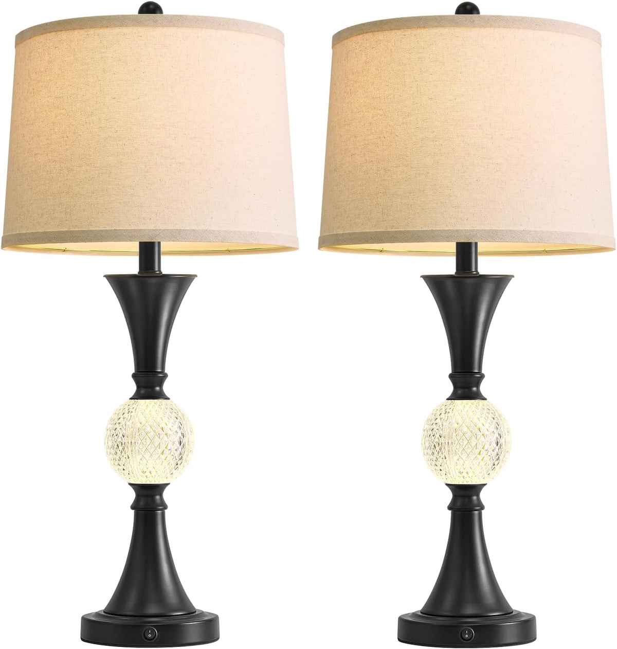 28.5" Black Table Lamps Set of 2, Tall Luxury Bedside Lamps with Night Light, USB A+C Charging Ports, Elegant Metal Nightstand Lamps for Bedroom Office End Table Decoration