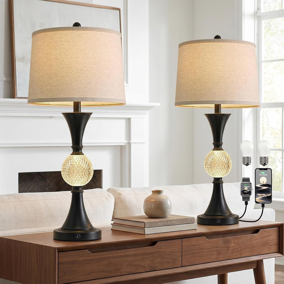 28.5" Black Table Lamps Set of 2, Tall Luxury Bedside Lamps with Night Light, USB A+C Charging Ports, Elegant Metal Nightstand Lamps for Bedroom Office End Table Decoration