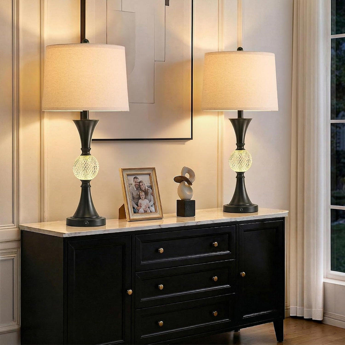 28.5" Black Table Lamps Set of 2, Tall Luxury Bedside Lamps with Night Light, USB A+C Charging Ports, Elegant Metal Nightstand Lamps for Bedroom Office End Table Decoration