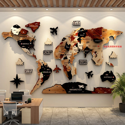 Multi-layer wooden world map mounted on a light wall