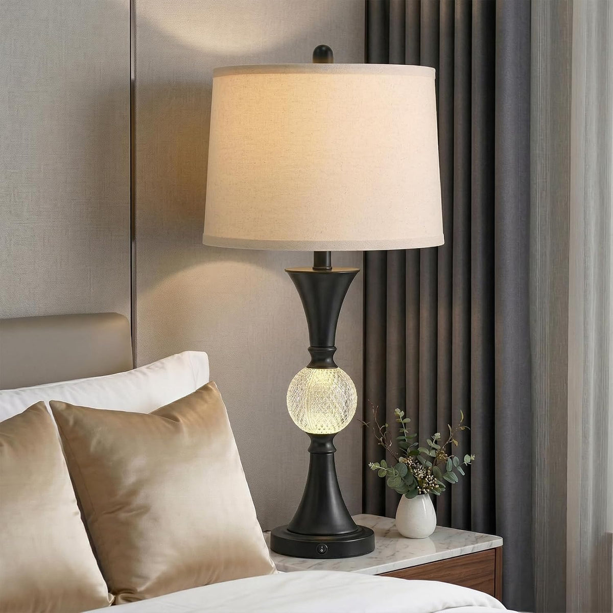 28.5" Black Table Lamps Set of 2, Tall Luxury Bedside Lamps with Night Light, USB A+C Charging Ports, Elegant Metal Nightstand Lamps for Bedroom Office End Table Decoration
