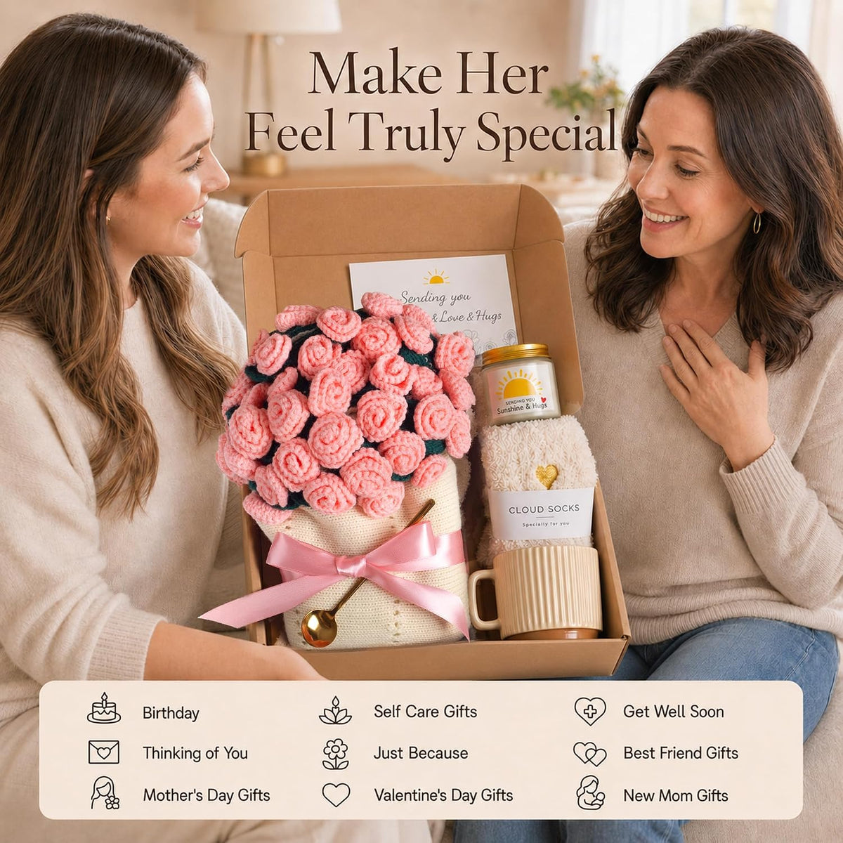Care Package for Women, Flower Bouquet Blanket Gift Basket, Get Well Gifts for Women, Self Care Gifts, Thinking of You Gift, Birthday Gift for Mom Best Friend Sister