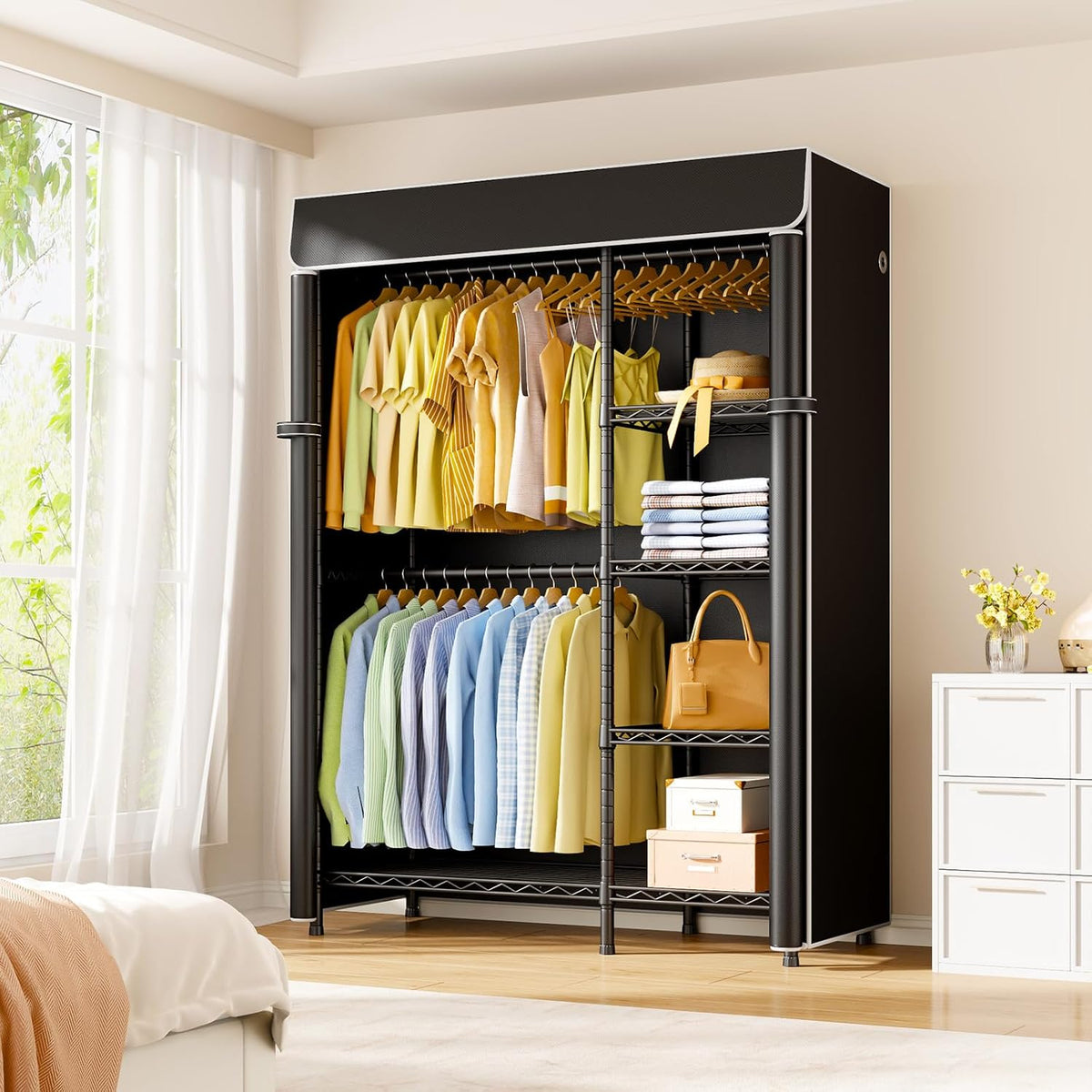 F2C Clothes Rack with Cover, Black Clothing Racks Heavy Duty