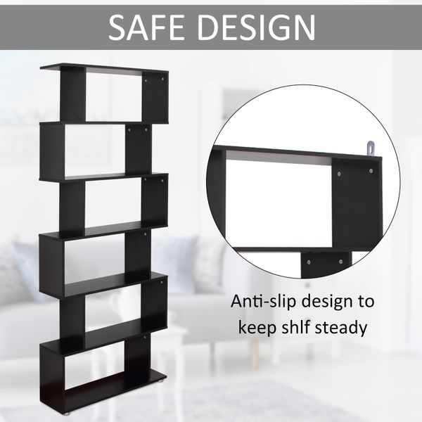 S-Shape Wooden Bookcase — Six Shelves, 75 in Tall