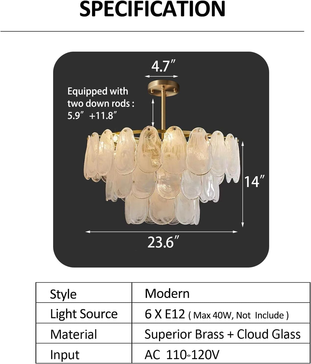 24In Modern Gold Chandelier with Cloud Glass 6-Light
